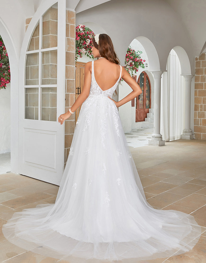 Luolandi Elegant V-Neck Sweep Train Wedding Dress with Lace Floor Length Sexy Bridal Gown