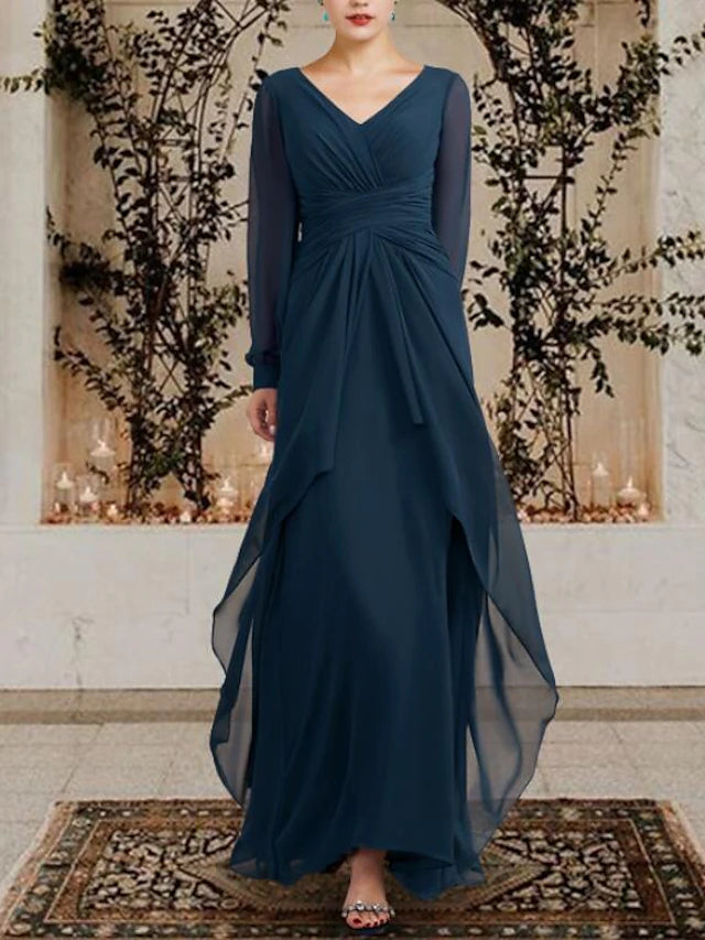 Luolandi A-Line Mother of the Bride Dress Plus Size Elegant V Neck Floor Length Chiffon Long Sleeve with Ruched Ruffles