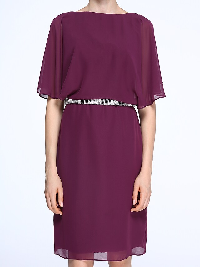 Luolandi Mother of the Bride Dress Elegant Bateau Neck Knee Length Chiffon Half Sleeve with Crystals Grape