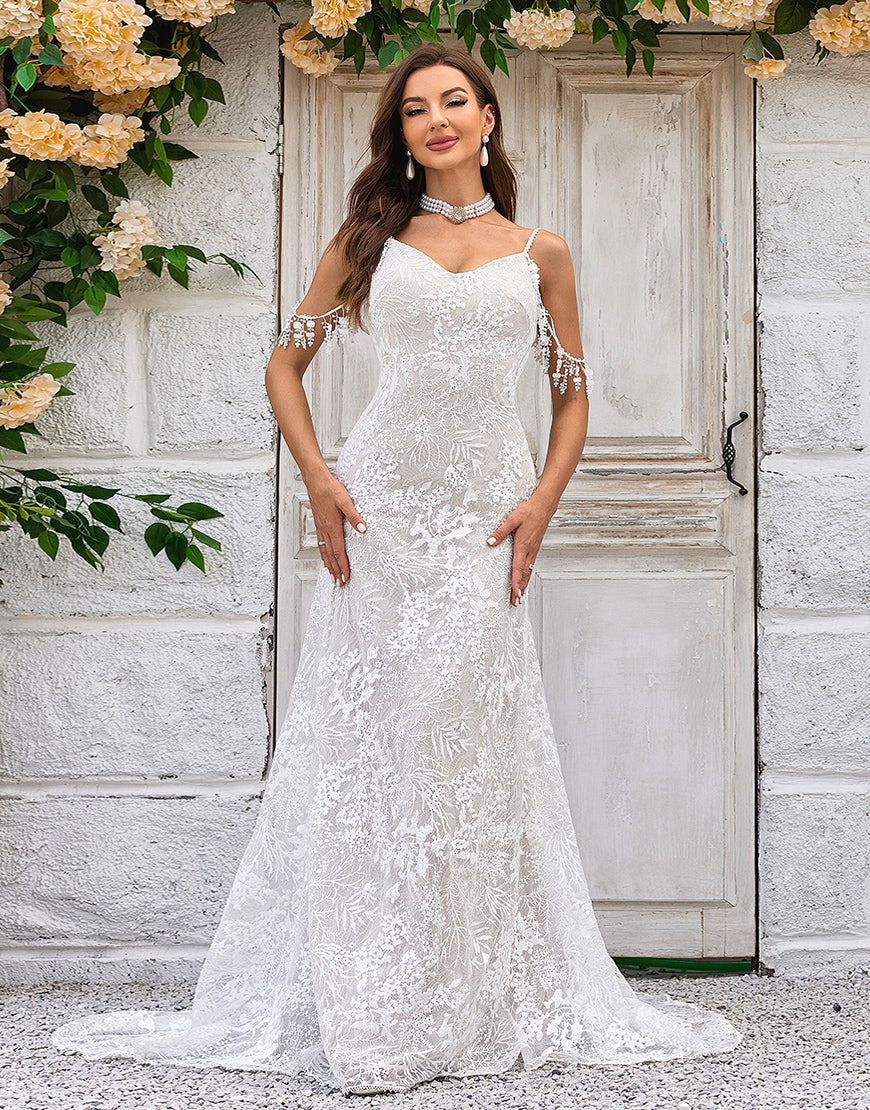 Luolandi Mermaid Spaghetti Straps Ivory Wedding Dress with Fringes Lace Open Back