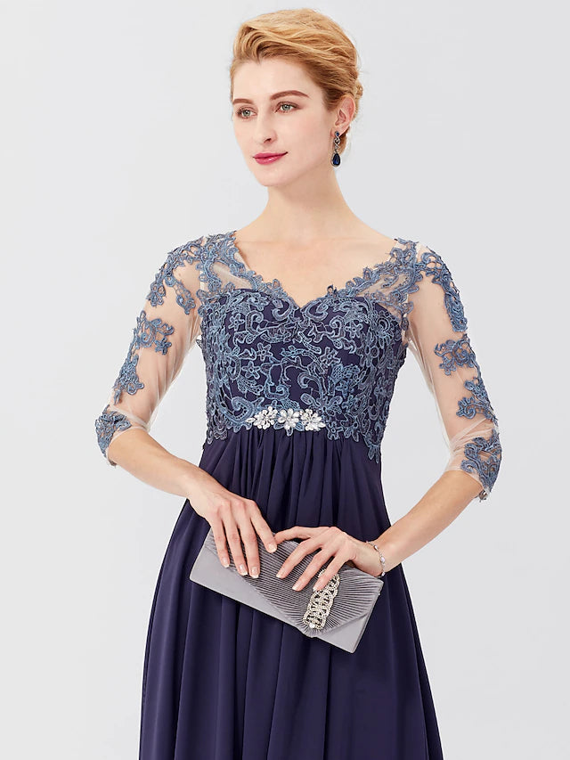 Luolandi Ball Gown A-Line Mother of the Bride Dress Formal Plus Size Elegant V Neck Floor Length Chiffon Sheer Lace 3/4 Length Sleeve with Appliques