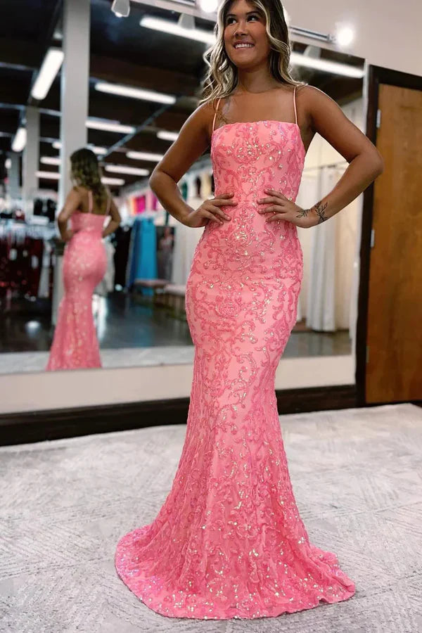 Luolandi Charming Mermaid Straps Coral Sequins Lace Long Prom Dresses Sparkly Evening Dress