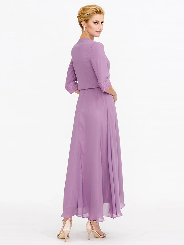 Luolandi Two Piece Ball Gown A-Line Mother of the Bride Dress Formal Church Convertible Dress High Low See Through Illusion Neck Asymmetrical Chiffon Lace 3/4 Length Sleeve