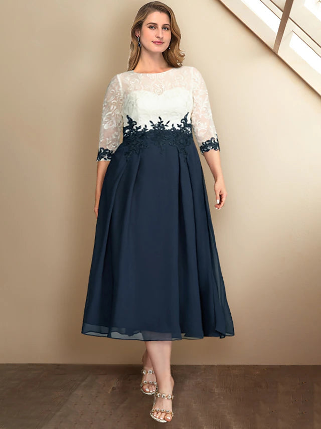 Luolandi A-Line Plus Size Curve Mother of the Bride Dresses Color Block Dress Formal Tea Length Half Sleeve Jewel Neck Chiffon with Appliques
