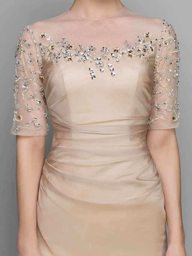 Luolandi A-Line Mother of the Bride Dress Vintage Inspired Jewel Neck Ankle Length Chiffon Half Sleeve with Ruched Beading Champagne