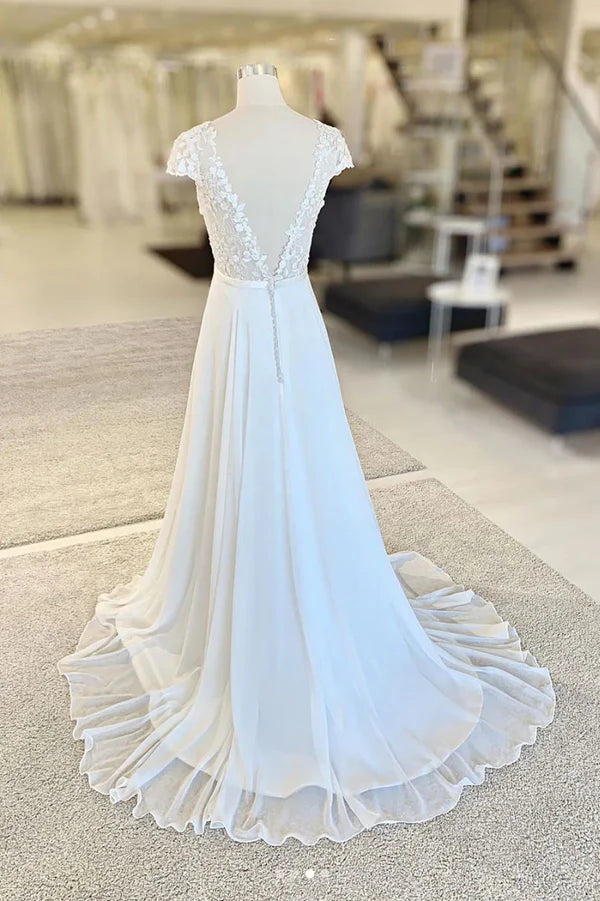Luolandi V neck lace chiffon long Wedding Dresses V-neck Open Back Beautiful