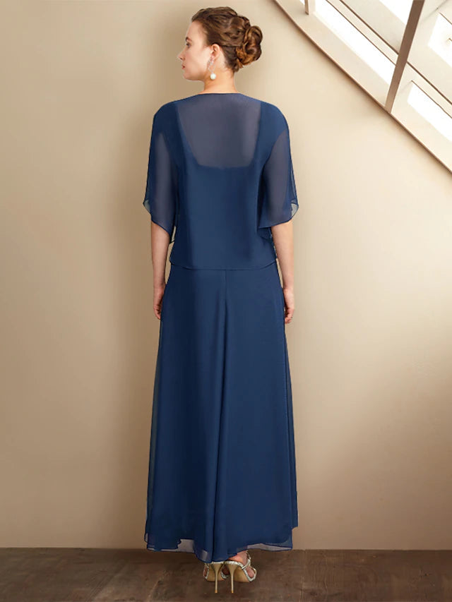 Luolandi Two Piece A-Line Mother of the Bride Dress Church Plus Size Elegant High Low Square Neck Asymmetrical Tea Length Chiffon Lace Short Sleeve Wrap Included