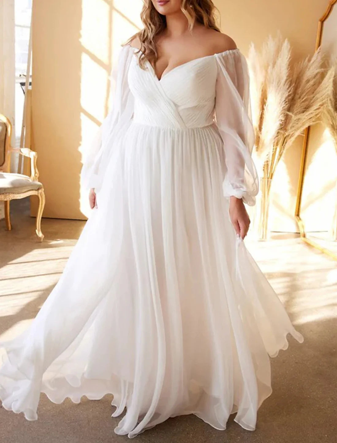 Luolandi Beach Simple Wedding Dresses A-Line Off Shoulder Long Sleeve Floor Length Chiffon Bridal Gowns With Pleats Solid Color Plus Size