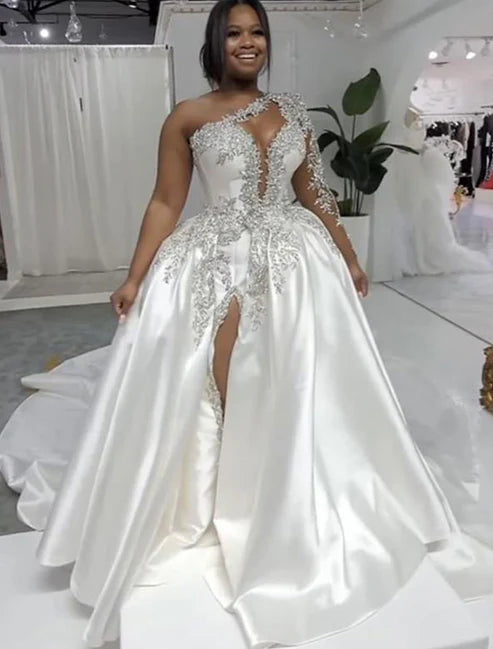 Luolandi Formal Wedding Dresses Ball Gown One Shoulder Regular Straps Court Train Satin Bridal Gowns With Beading Split Front