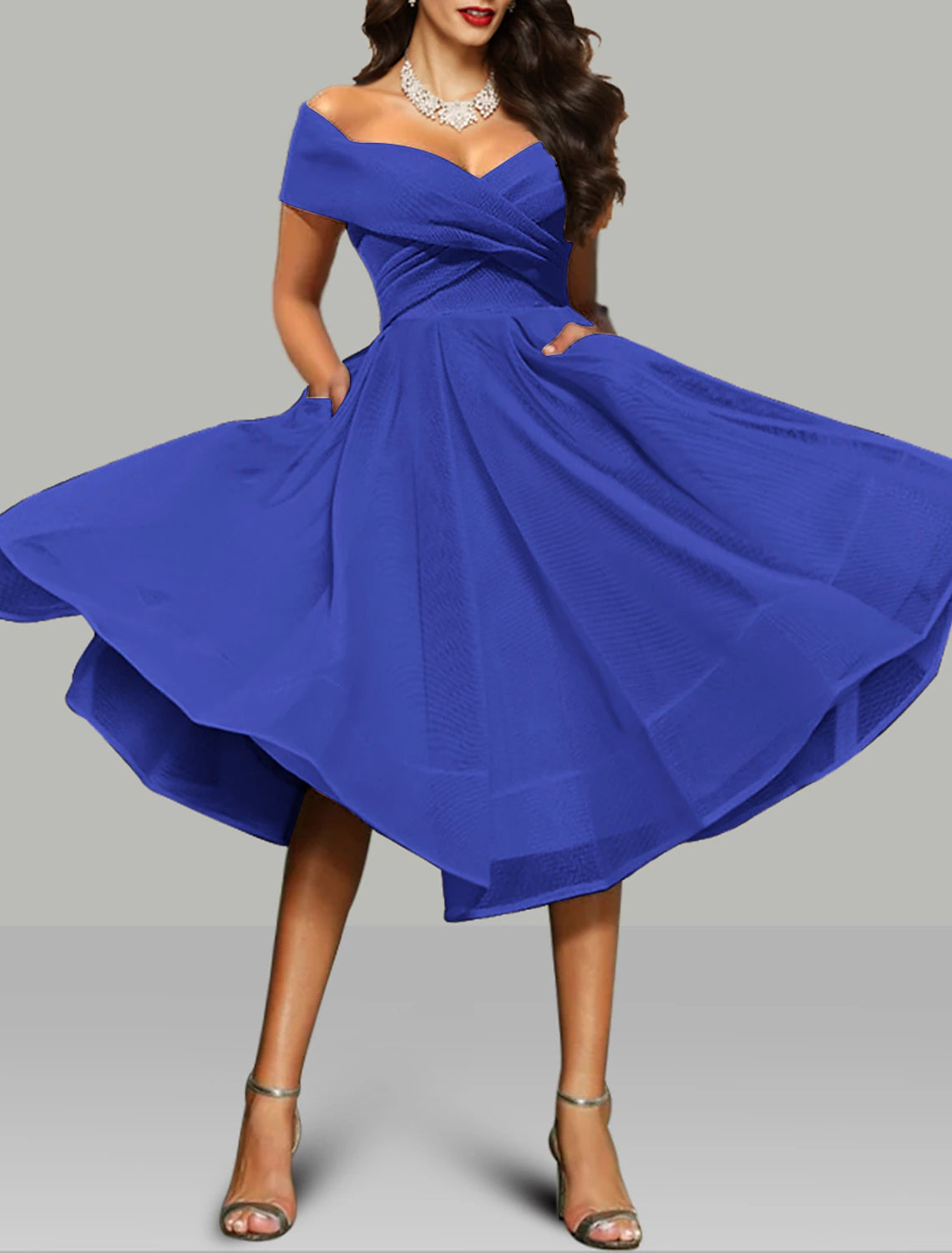 Luolandi A-Line Prom Dresses Vintage Dress Wedding Guest Summer Tea Length Sleeveless Off Shoulder Organza Backless with Ruched Cocktail Dress