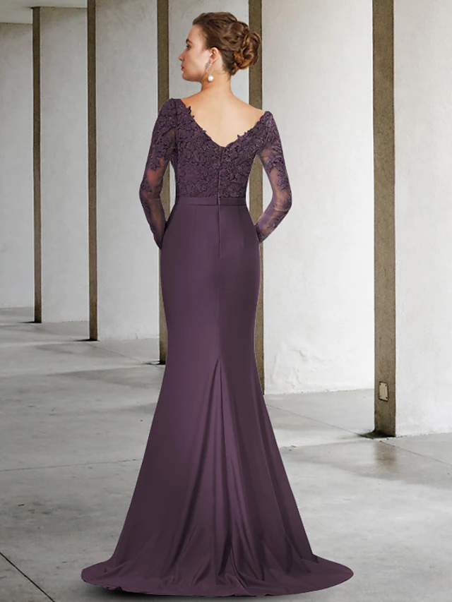 Luolandi Mother of the Bride Dress Elegant V Neck Chiffon Lace Long Sleeve with Appliques Beautiful