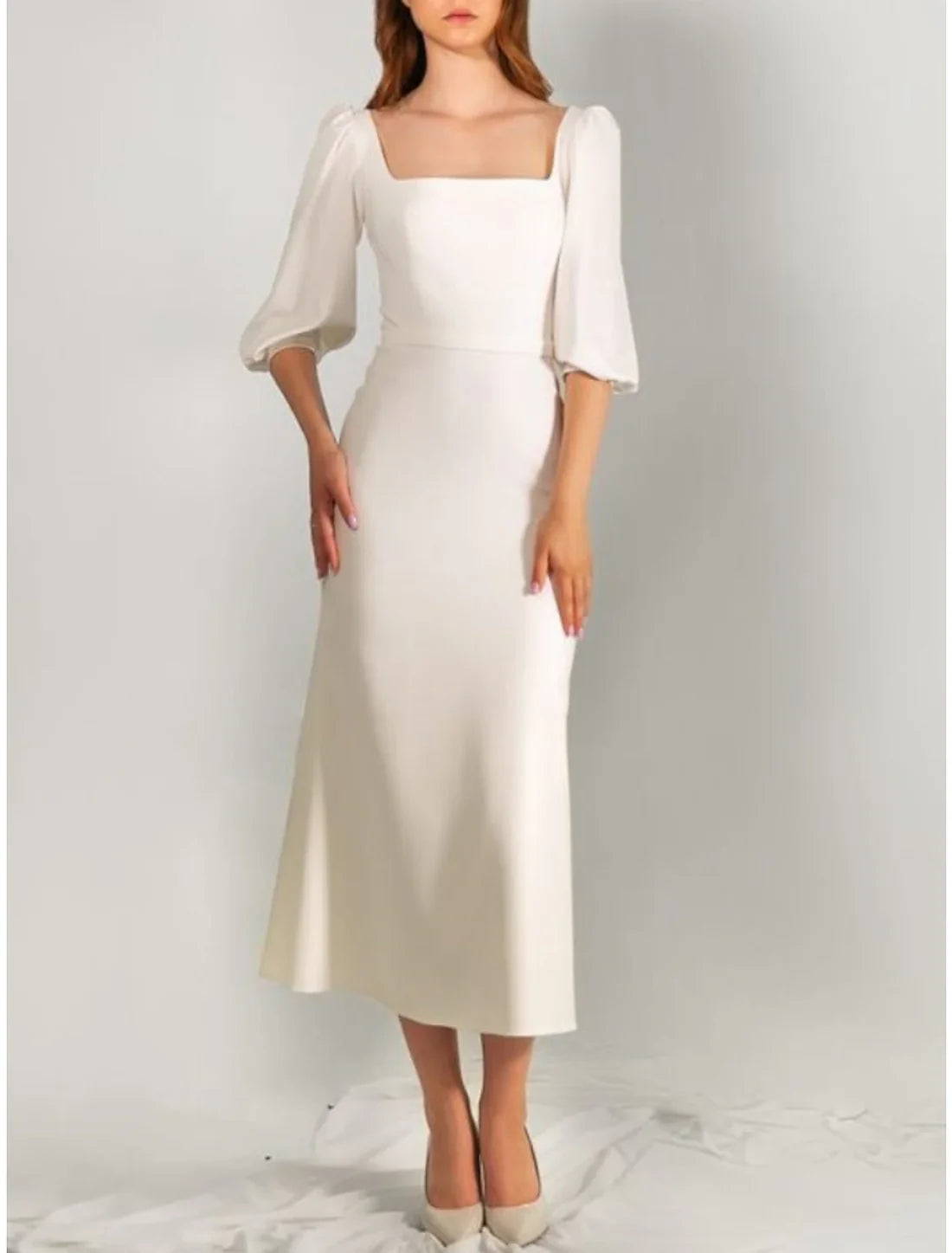 Luolandi Little Dresses Wedding Dresses A-Line Square Neck Half Sleeve Tea Length Satin Bridal Gowns