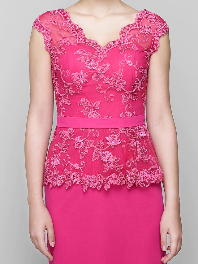 Luolandi Mother of the Bride Dress Furcal V Neck Floor Length Chiffon Lace Sleeveless with Lace Ruched Fuchsia
