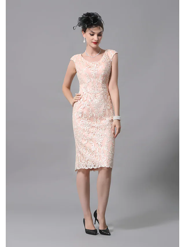 Luolandi Two Piece A-Line Mother of the Bride Dress Wrap Included Jewel Neck Knee Length Lace Half Sleeve
