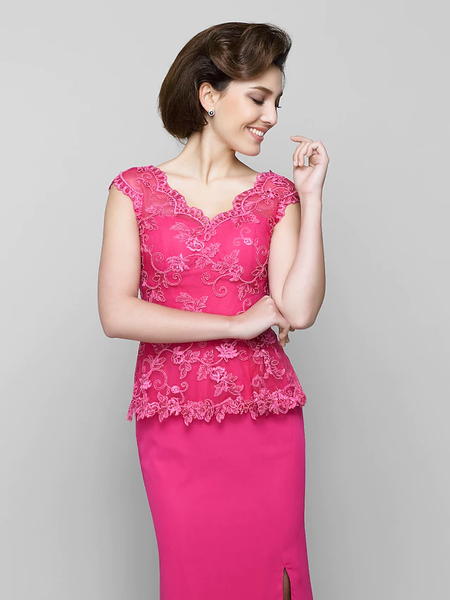 Luolandi Mother of the Bride Dress Furcal V Neck Floor Length Chiffon Lace Sleeveless with Lace Ruched Fuchsia