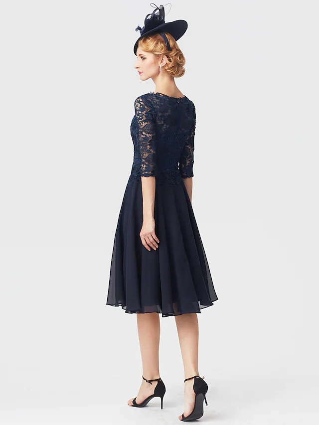 Luolandi Mother of the Bride Dress Elegant V Neck Knee Length Chiffon Sheer Lace Half Sleeve with Lace Dark Navy