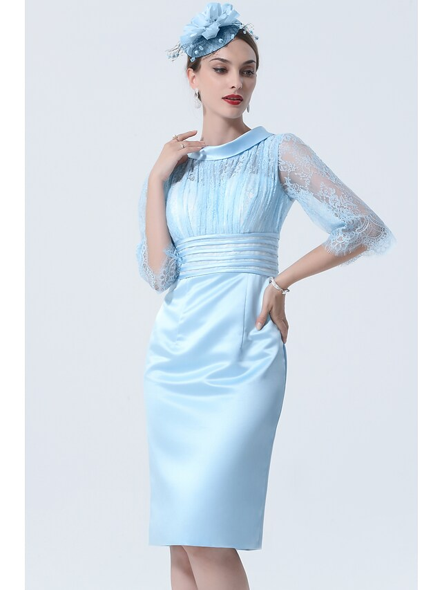 Luolandi Sky Blue Mother of the Bride Dress See Through Jewel Neck Knee Length Charmeuse Half Sleeve with Lace Excluding hat