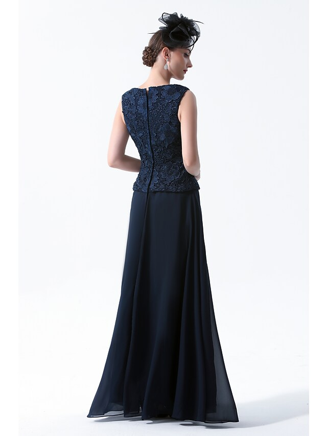 Luolandi Two Piece A-Line Mother of the Bride Dress Elegant Square Neck Floor Length Chiffon 3/4 Length Sleeve Dark Navy