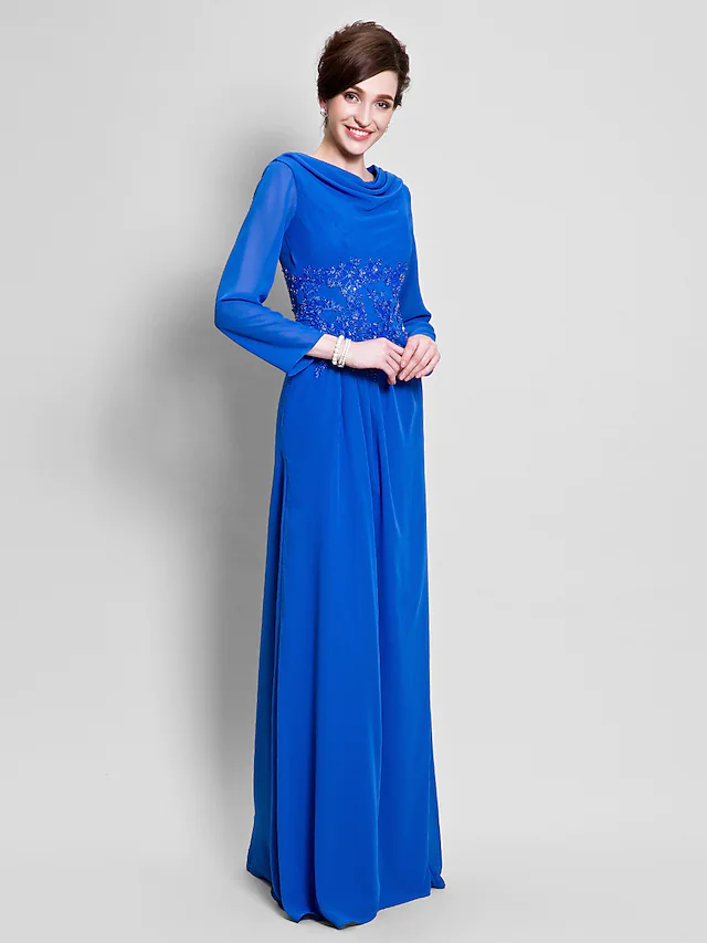 Luolandi Mother of the Bride Dress Vintage Inspired Cowl Neck Floor Length Chiffon Long Sleeve with Appliques Ocean Blue