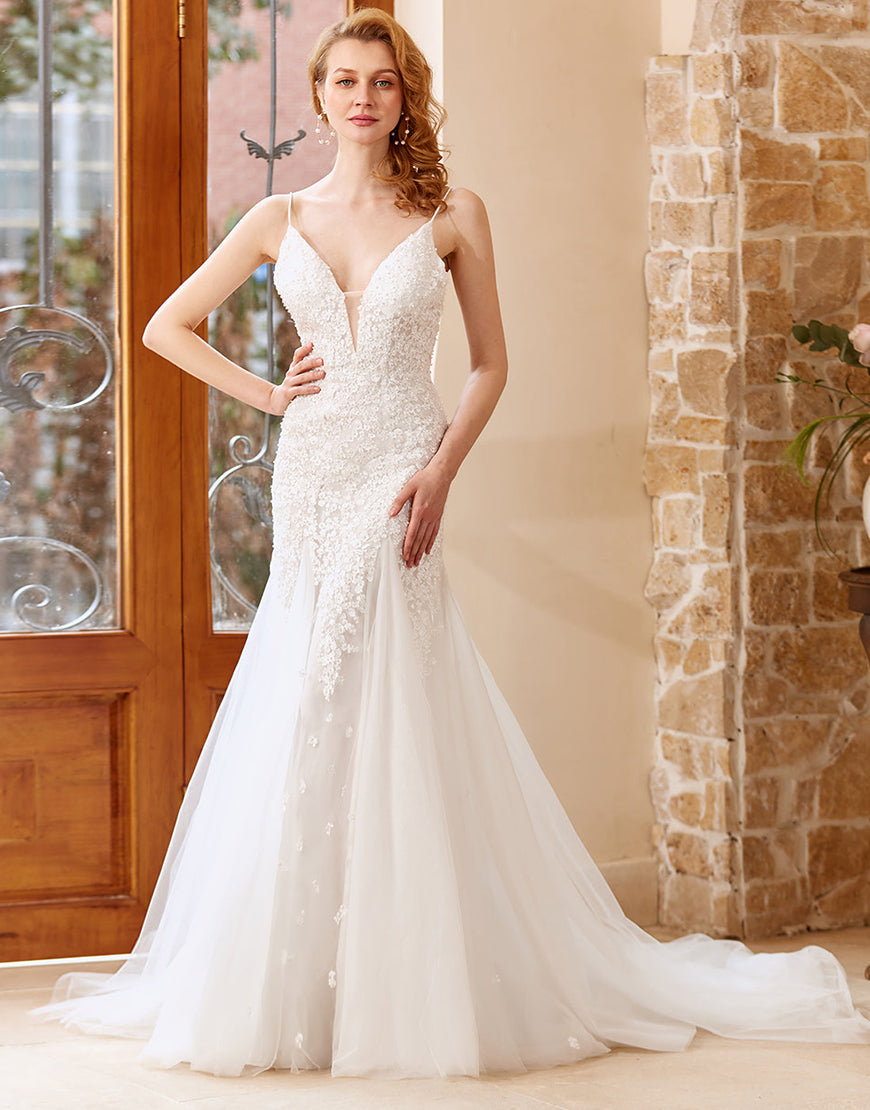 Luolandi Mermaid Chruch Sweep Train Wedding Dress V-neck Sexy