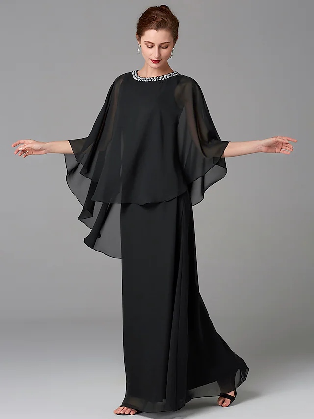 Luolandi A-Line Mother of the Bride Dress Plus Size Elegant Jewel Neck Floor Length Chiffon Sleeveless with Beading Black