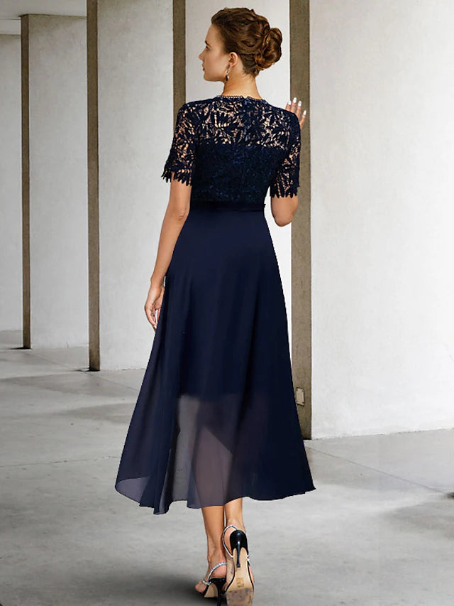 Luolandi Sheath / Column Mother of the Bride Dress Formal Wedding Guest Elegant Scoop Neck Knee Length Lace Short Sleeve