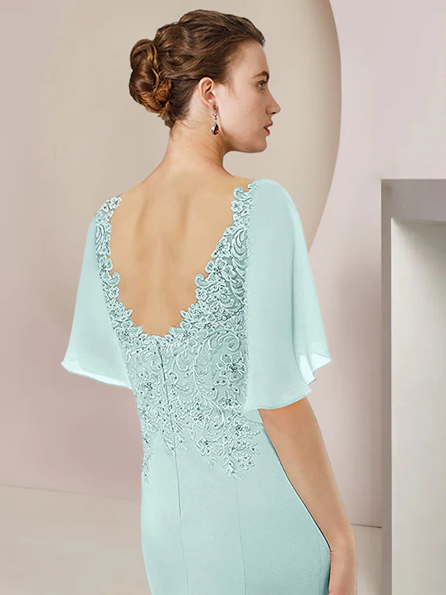 Luolandi A-Line Mother of the Bride Dress Formal Wedding Guest Elegant High Low V Neck Asymmetrical Tea Length Chiffon Lace Short Sleeve with Pleats