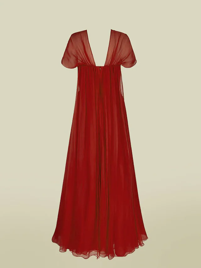 Luolandi A-Line Mother of the Bride Dress Elegant V Neck Floor Length Chiffon Short Sleeve with Pleats Ruby