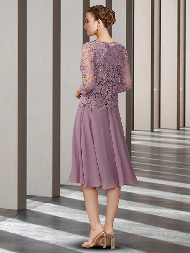 Luolandi Two Piece A-Line Mother of the Bride Dress Elegant Jewel Neck Knee Length Chiffon Lace Sleeveless