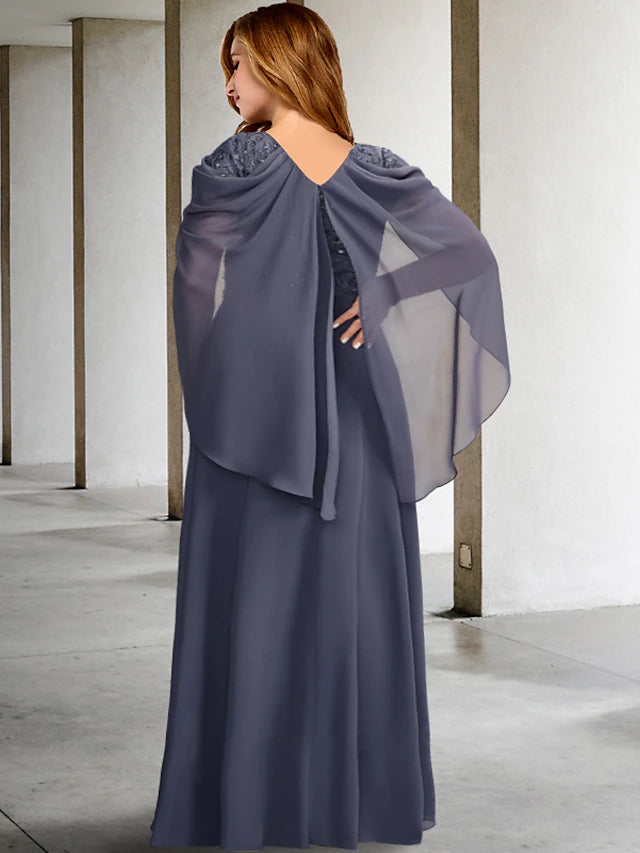 Luolandi A-Line Plus Size Curve Mother of the Bride Dresses Elegant Dress Formal Floor Length Short Sleeve V Neck Chiffon with Pleats Beading