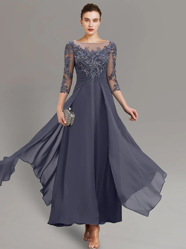 Luolandi Sheath / Column Mother of the Bride Dress Wedding Guest Simple Elegant Jewel Neck Ankle Length Chiffon Lace 3/4 Length Sleeve with Pleats