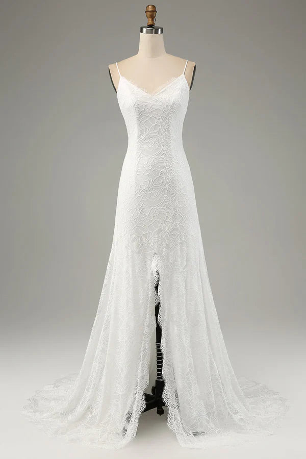 Luolandi Ivory fish tail lace thin shoulder strap slit wedding dress Beautiful