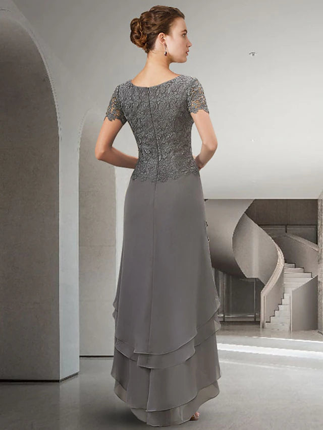 Luolandi A-Line Mother of the Bride Dress Elegant High Low Jewel Neck Asymmetrical Floor Length Chiffon Lace Short Sleeve with Appliques