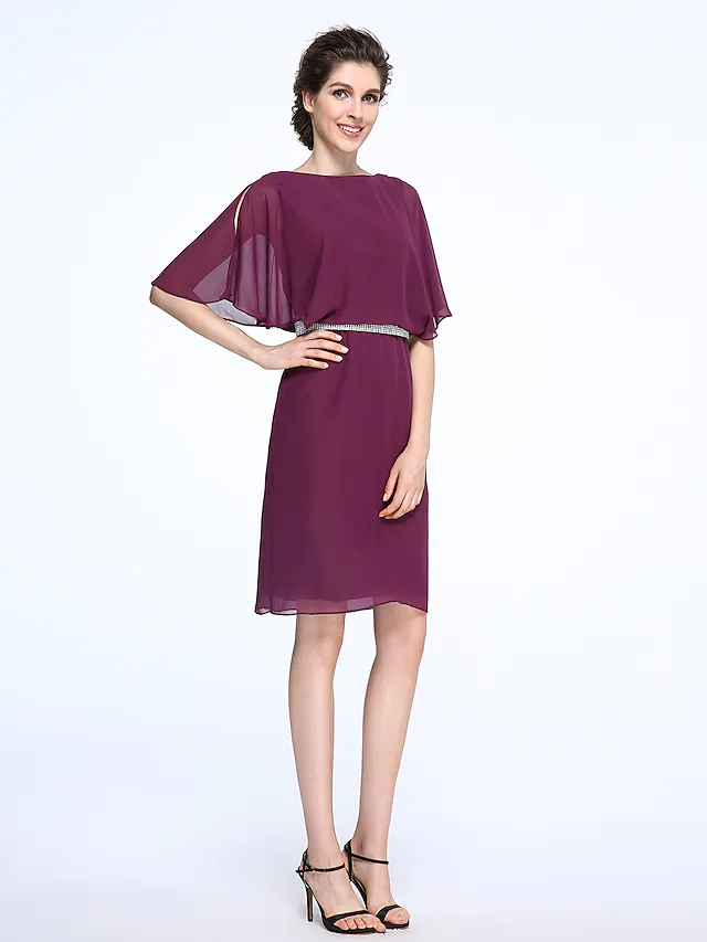 Luolandi Mother of the Bride Dress Elegant Bateau Neck Knee Length Chiffon Half Sleeve with Crystals Grape