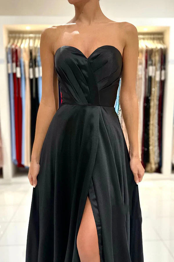 Luolandi Aline Sweetheart pleated side slit black long formal evening dress Off Shoulder Sexy