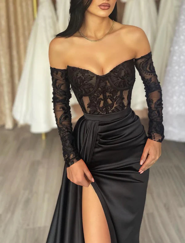Luolandi Mermaid Black Dress Plus Size Evening Gown See Through Dress Formal Masquerade Floor Length Long Sleeve Off Shoulder Fall Wedding Reception Satin with Appliques Sexy