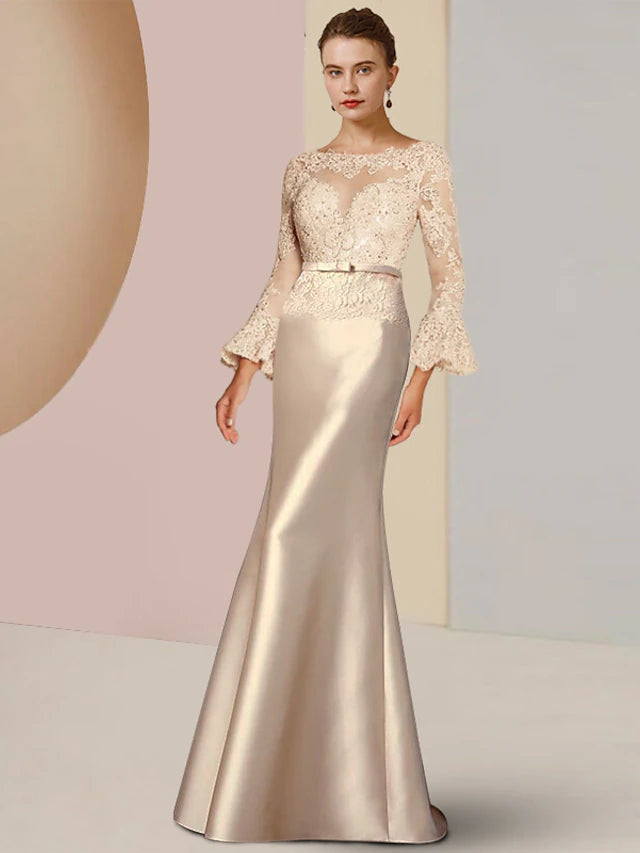 Luolandi Sheath / Column Mother of the Bride Dress Wedding Guest Elegant Scoop Neck Sweep / Brush Train Satin Lace Long Sleeve with Beading