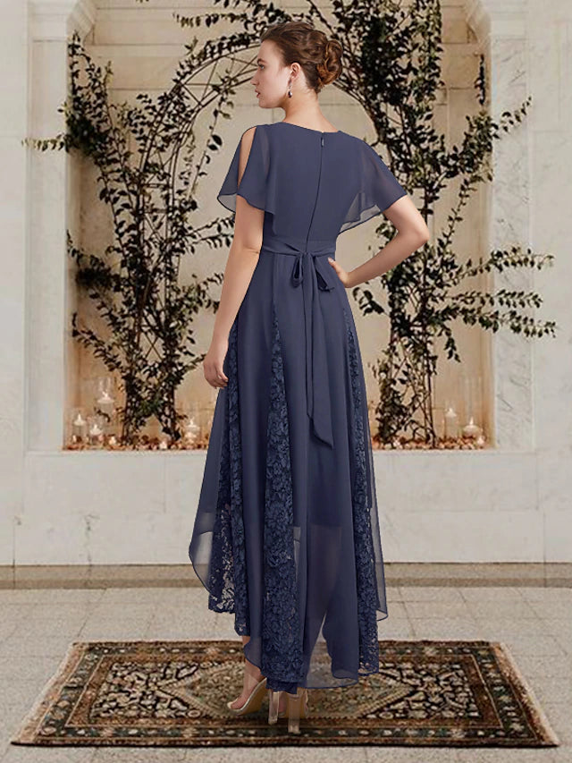 Luolandi A-Line Mother of the Bride Dress Plus Size Elegant High Low V Neck Asymmetrical Chiffon Lace Short Sleeve with Appliques