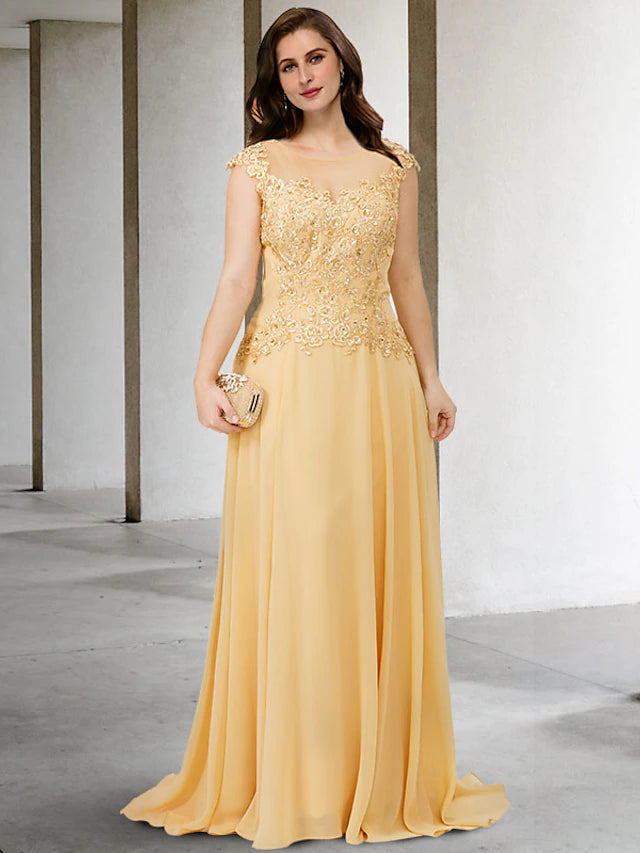 Luolandi A-Line Plus Size Curve Mother of the Bride Dresses Elegant Dress Formal Sweep / Brush Train Sleeveless Jewel Neck Chiffon with Beading