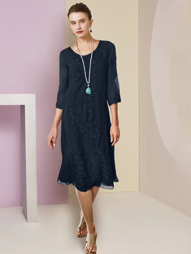 Luolandi Two Piece Sheath / Column Mother of the Bride Dress Formal Wedding Guest Elegant Scoop Neck Knee Length Chiffon Lace Half Sleeve Jacket Dresses