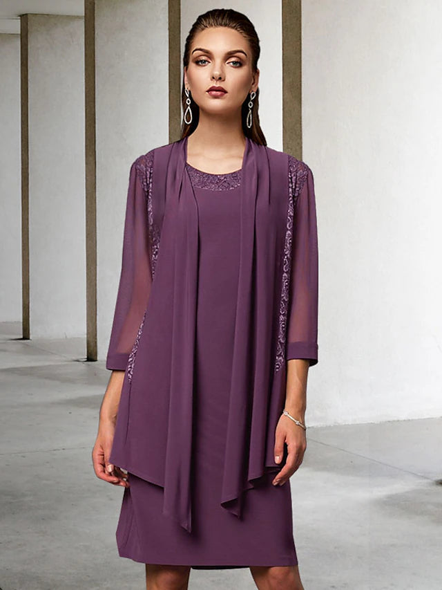 Luolandi Two Piece Sheath / Column Mother of the Bride Dress Elegant Jewel Neck Knee Length Chiffon Lace Sleeveless Jacket Dresses
