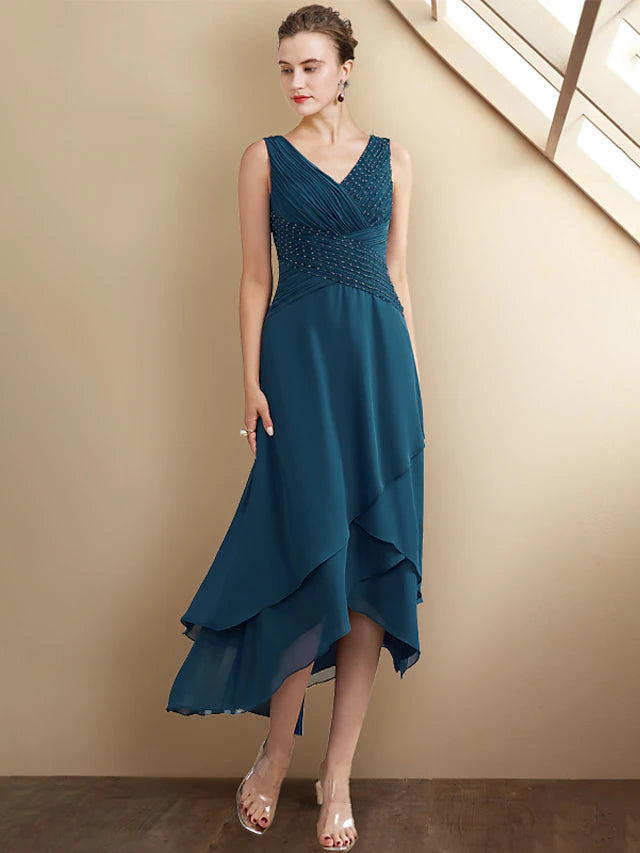 Luolandi A-Line Mother of the Bride Dress Elegant High Low V Neck Asymmetrical Tea Length Chiffon Sleeveless Wrap Included with Beading Cascading Ruffles