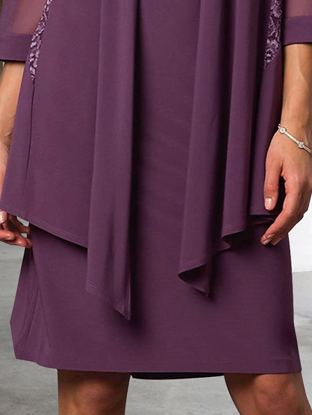 Luolandi Two Piece Sheath / Column Mother of the Bride Dress Elegant Jewel Neck Knee Length Chiffon Lace Sleeveless Jacket Dresses