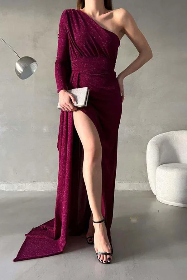 Luolandi Chic modern sparkling single shoulder pleated long evening dress With Slit