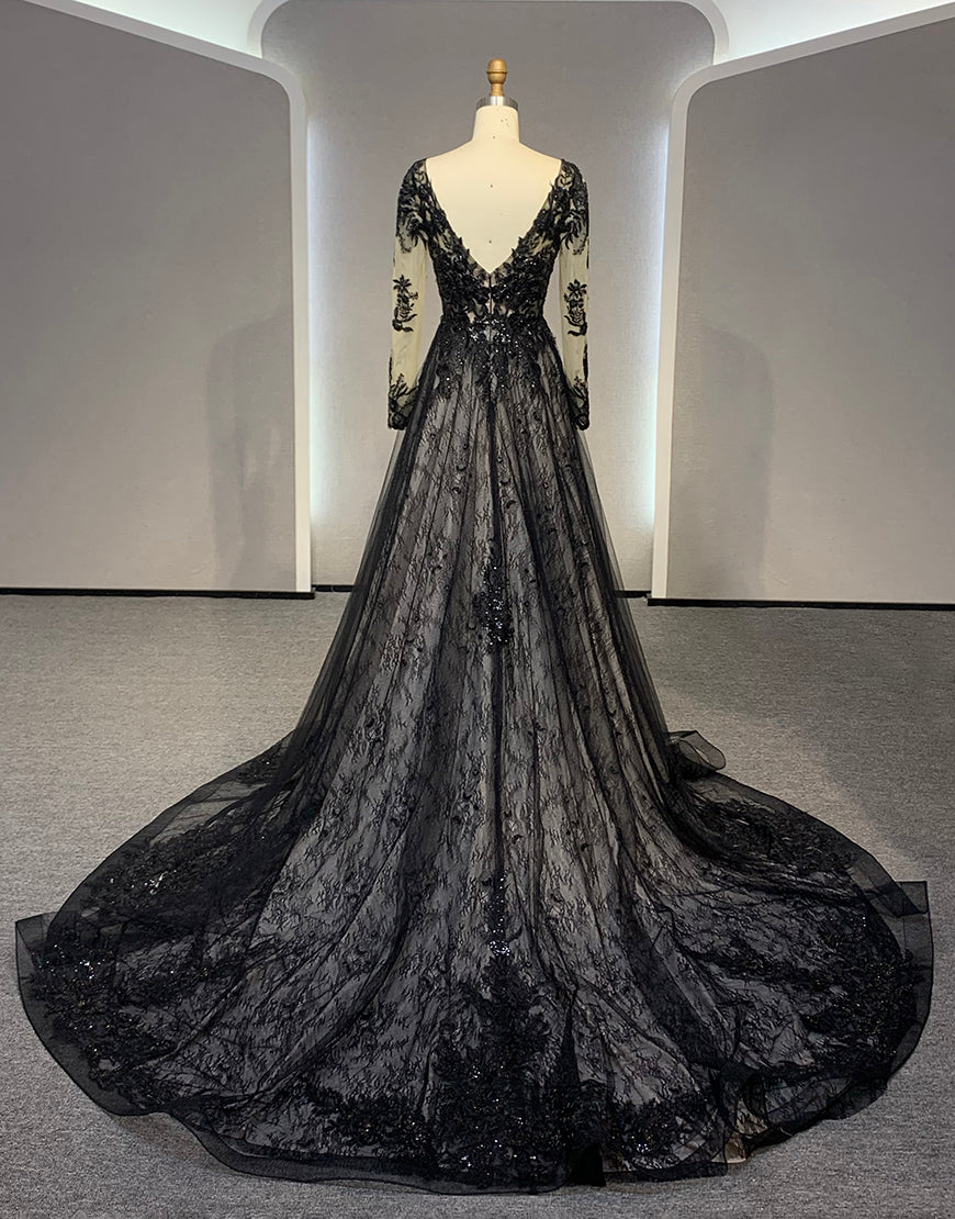 Luolandi Black V Neck Long Sleeves Sequins Wedding Dress With Appliques Sexy