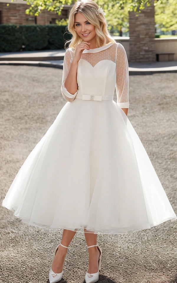 Luolandi Tea-Length A-Line Bateau Neck Illusion Sleeve Bowed Tulle Wedding Dress