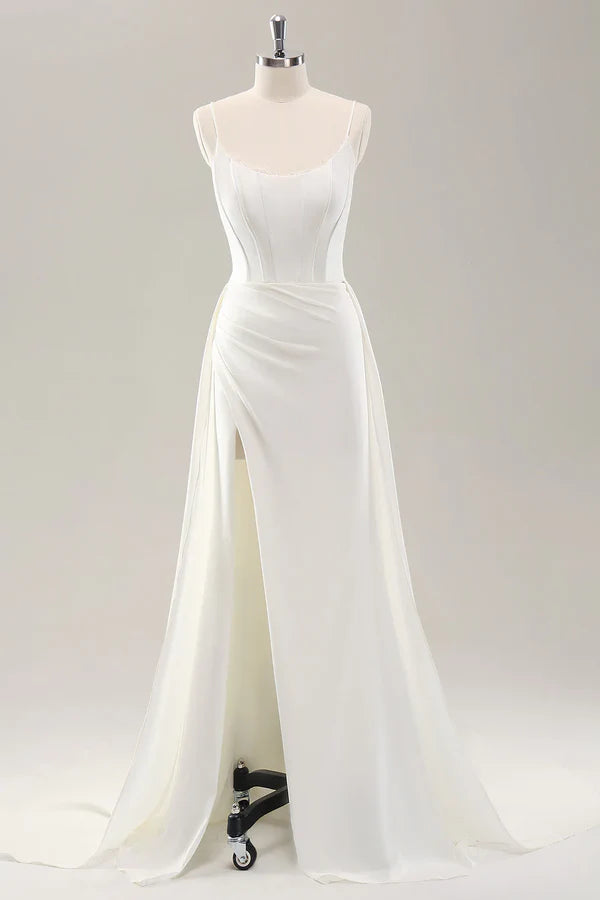 Luolandi thin shoulder strap slit satin trailing wedding dress Sexy