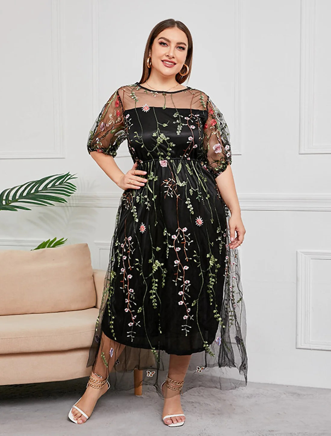 Luolandi Mother of the Bride Dresses Plus Size Curve Hide Belly Party Plus Size Hide Belly Scoop Neck Ankle Length Tulle Half Sleeve with Embroidery Ruching Beautiful