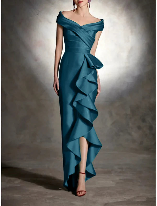 Luolandi Sheath Formal Dress Cocktail Dresses Christmas Red Green Dress Vintage Dress Formal Wedding Guest Asymmetrical Sleeveless Off Shoulder Satin with Ruffles