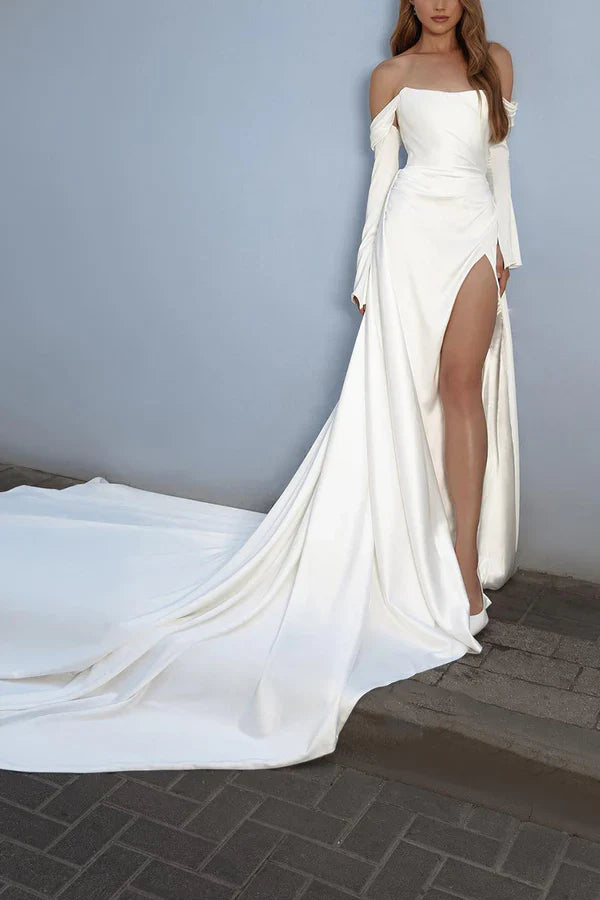 Luolandi Off the shoulder long sleeved empire pleated side slit wedding dress Sexy